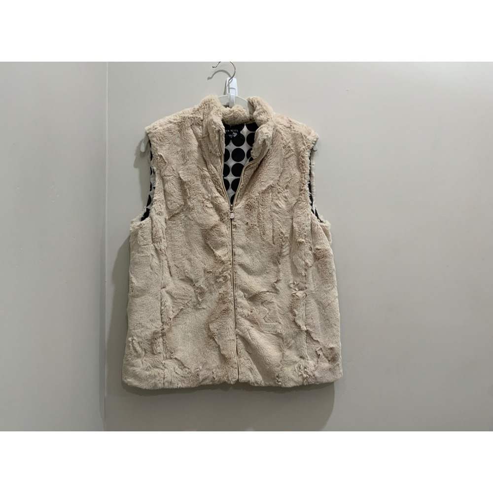Ellen Reyes Womens Faux Fur Vest Cream Beige Polka Dot Lining Zip Up Mock Neck L